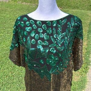 Large Vintage Elegance Anujan Gold/Green Sequin Blouse
